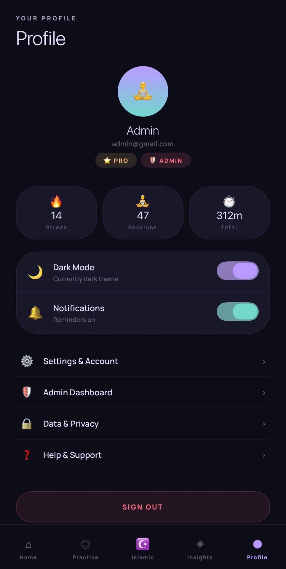 SoulFlow profile with streak, sessions, and total minutes